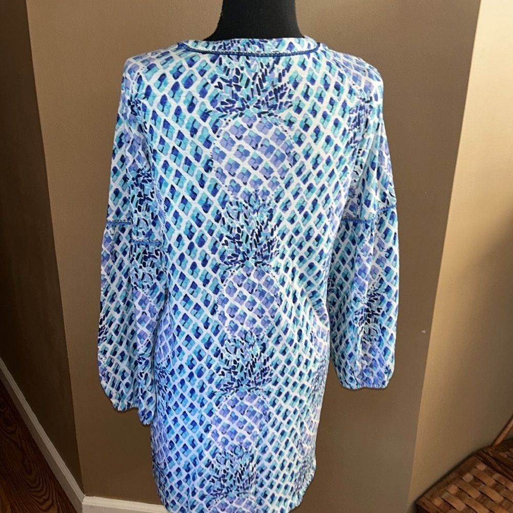 Lilly Pulitzer Joy Tunic Dress SZ Small Blue/White/Teal Pineapple All Over Print - Picture 6 of 11